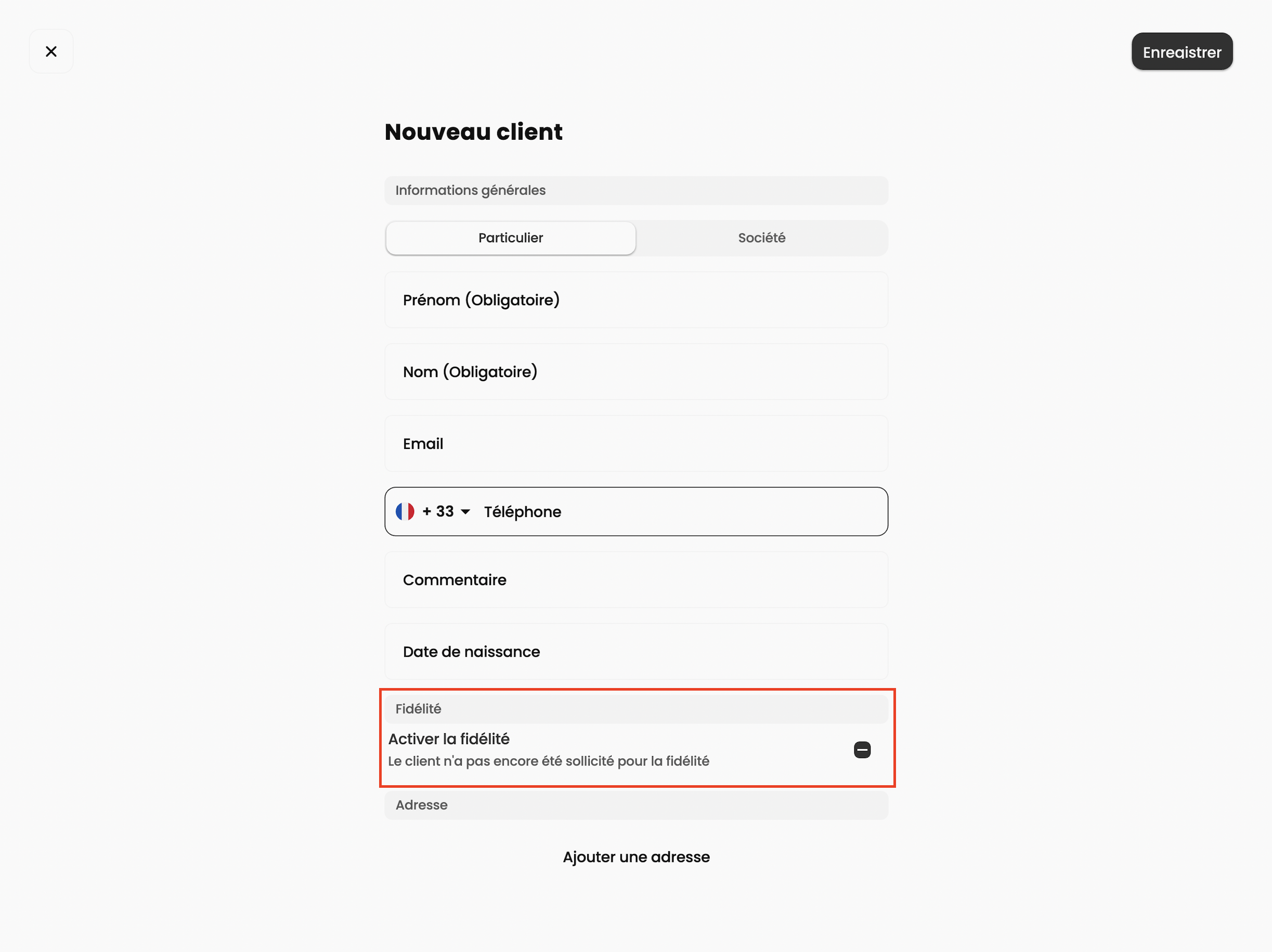 Vue de la section fidélité lors de la création d'une fiche client